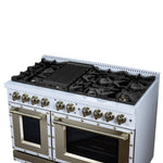 Valente 48" Gas Range in White, 8 Sealed Burnes, 94 000 BTU Cooktop Output, 6.7 Cu.Ft. Double Oven, Telescopic Racks - BonPrix Électroménagers