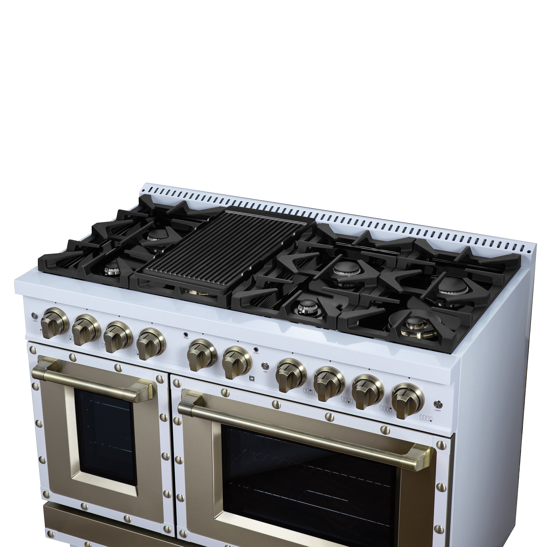 Valente 48" Gas Range in White, 8 Sealed Burnes, 94 000 BTU Cooktop Output, 6.7 Cu.Ft. Double Oven, Telescopic Racks - BonPrix Électroménagers