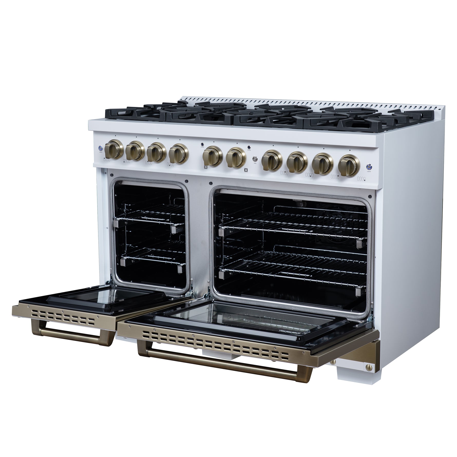 Valente 48" Gas Range in White, 8 Sealed Burnes, 94 000 BTU Cooktop Output, 6.7 Cu.Ft. Double Oven, Telescopic Racks - BonPrix Électroménagers