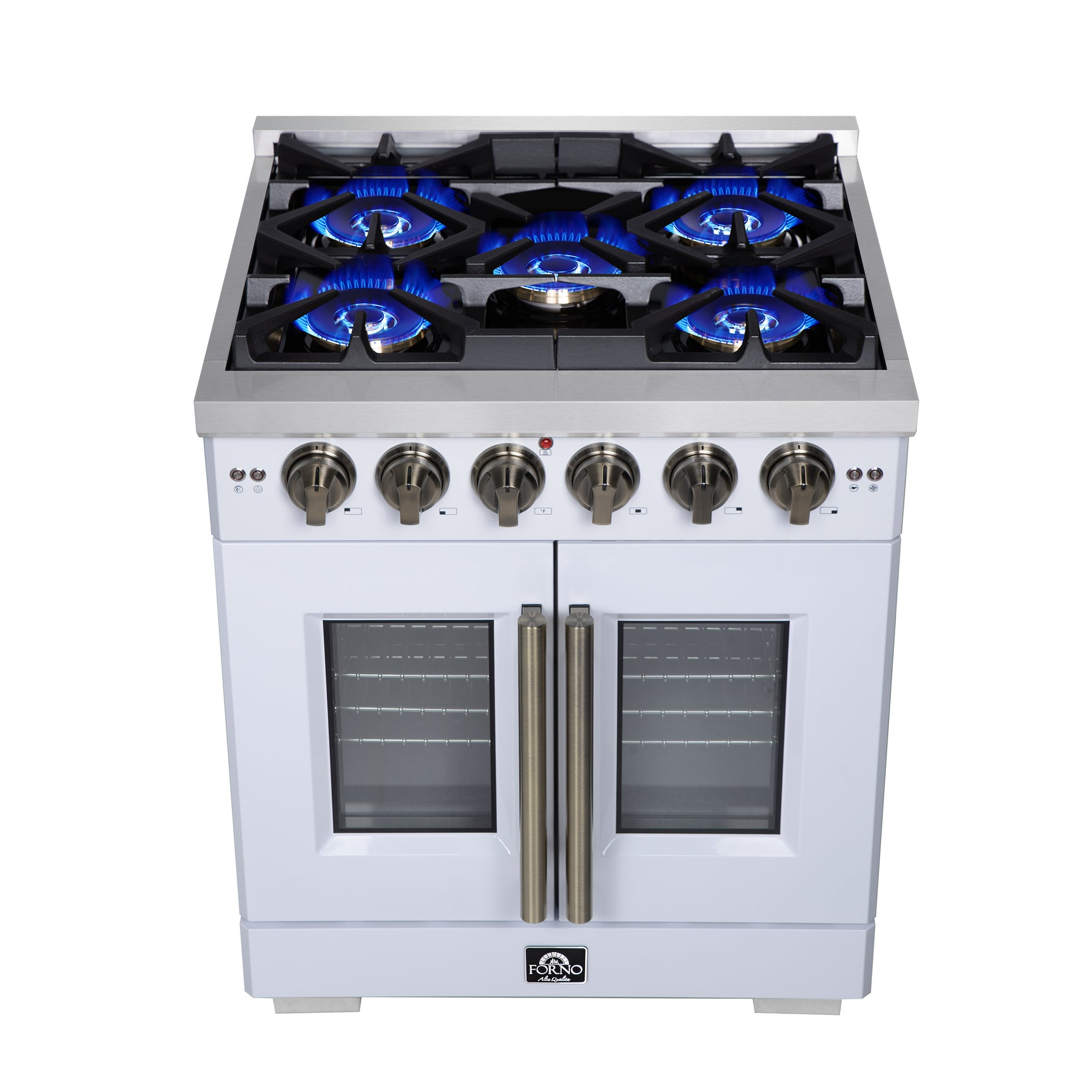 Forno Capriasca 30-Inch White Freestanding French Door Gas Range, 4 Burners, Convection Oven, Energy Efficient - BonPrix Électroménagers