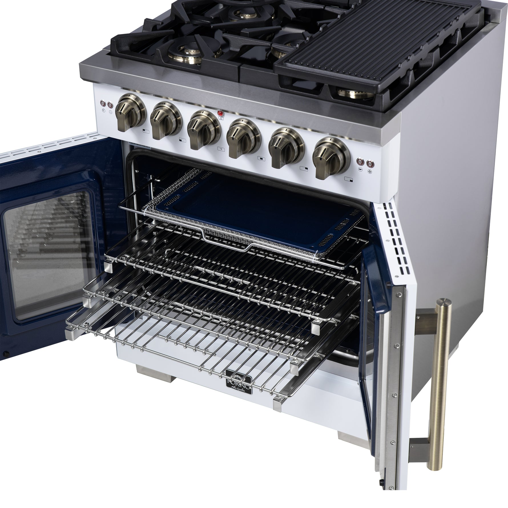 Forno Capriasca 30-Inch White Freestanding French Door Gas Range, 4 Burners, Convection Oven, Energy Efficient - BonPrix Électroménagers