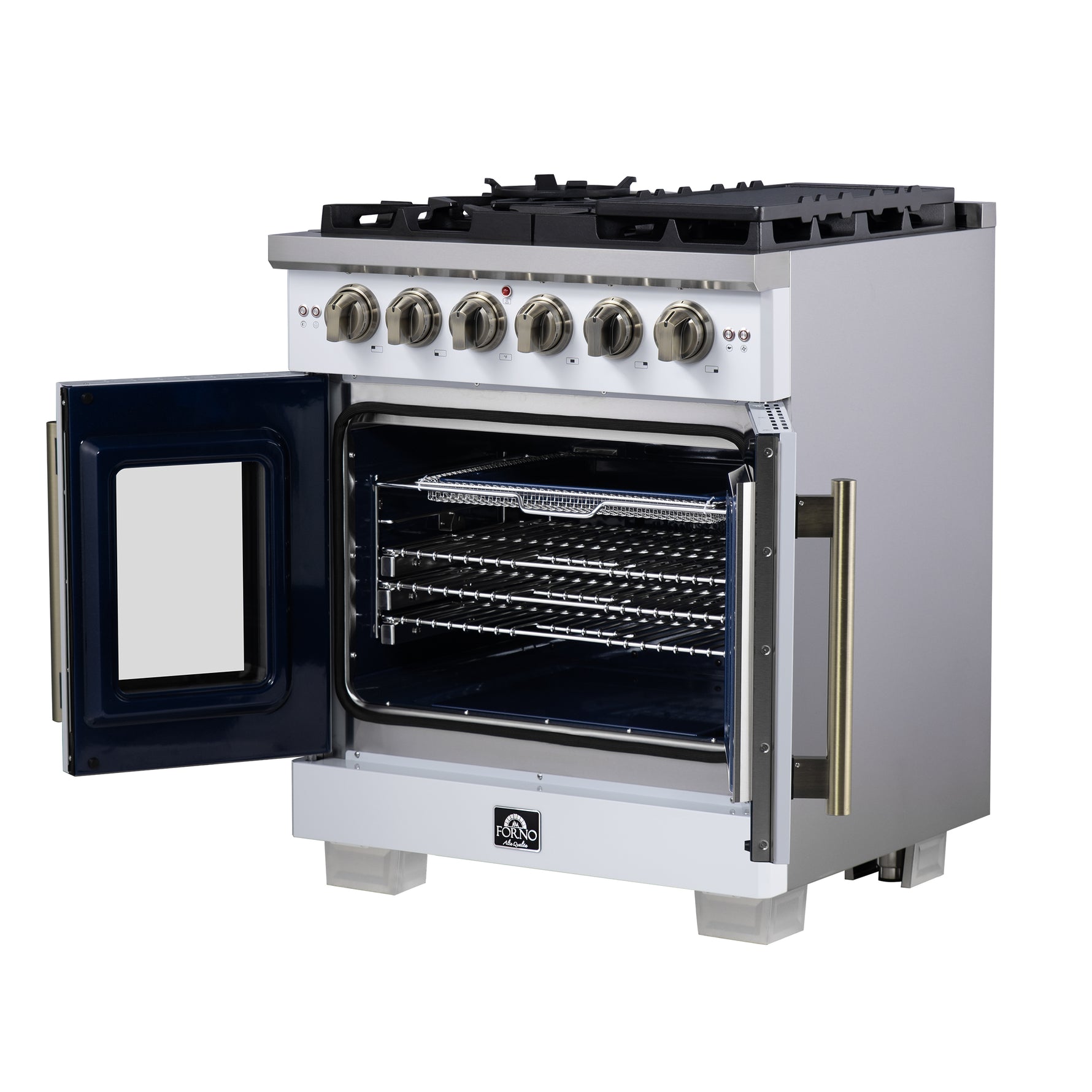 Forno Capriasca 30-Inch White Freestanding French Door Gas Range, 4 Burners, Convection Oven, Energy Efficient - BonPrix Électroménagers