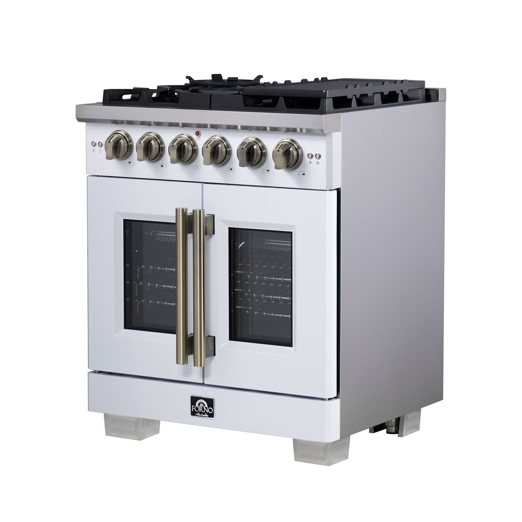 Forno Capriasca 30-Inch White Freestanding French Door Gas Range, 4 Burners, Convection Oven, Energy Efficient - BonPrix Électroménagers