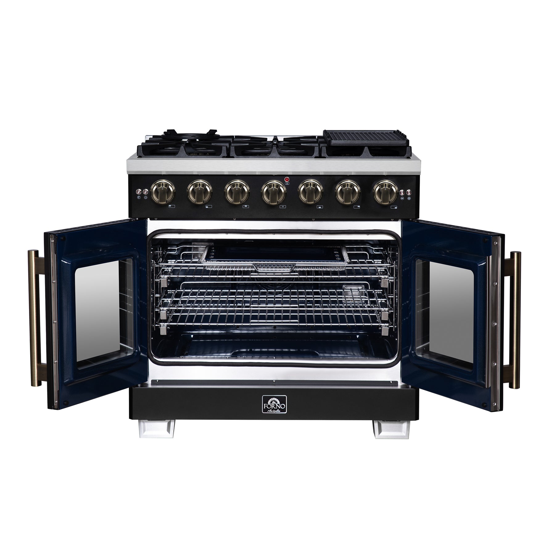 Forno Capriasca 36-Inch Black Freestanding French Door Gas Range, 6 Burners, Convection Oven, Energy Efficient - BonPrix Électroménagers