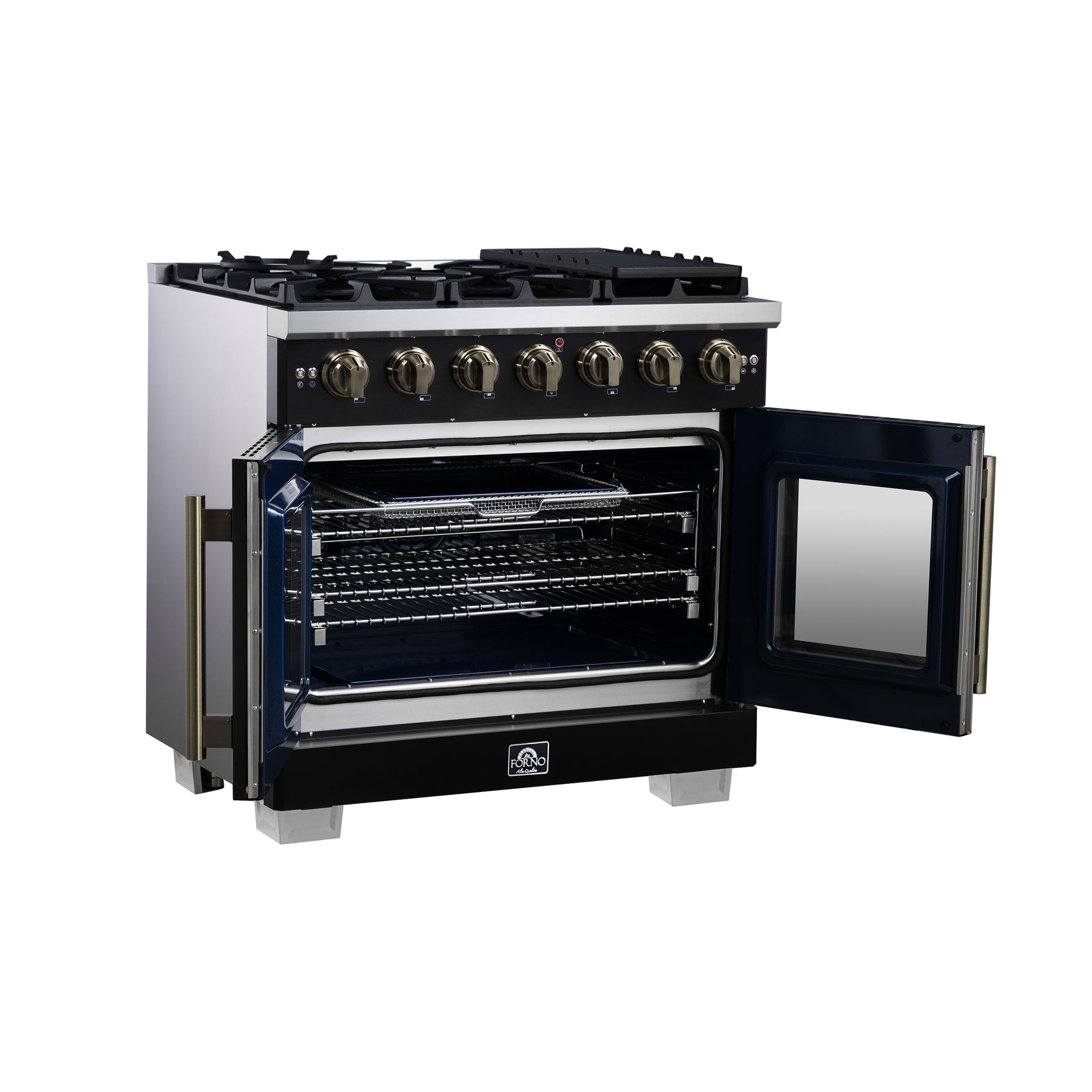 Forno Capriasca 36-Inch Black Freestanding French Door Gas Range, 6 Burners, Convection Oven, Energy Efficient - BonPrix Électroménagers