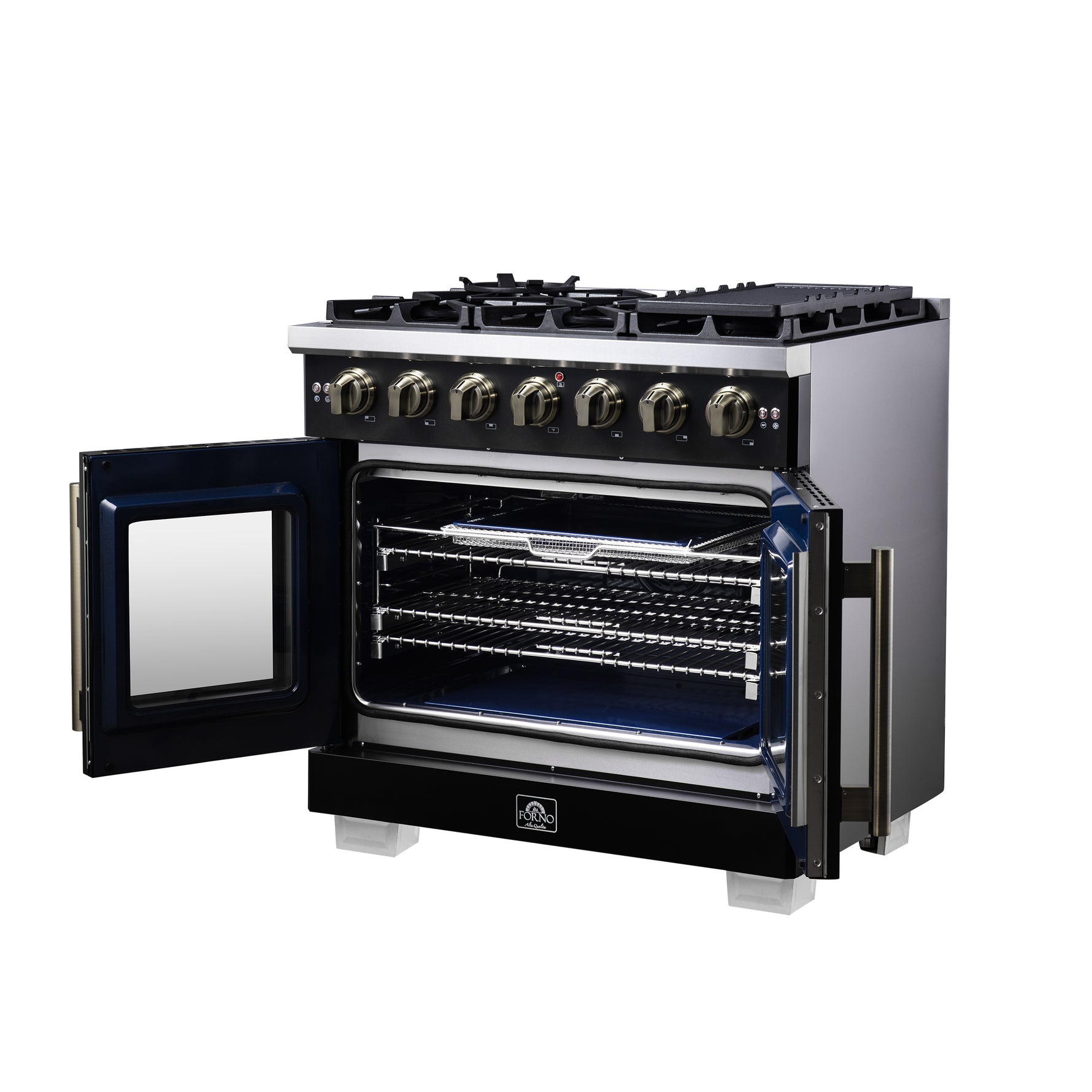 Forno Capriasca 36-Inch Black Freestanding French Door Gas Range, 6 Burners, Convection Oven, Energy Efficient - BonPrix Électroménagers