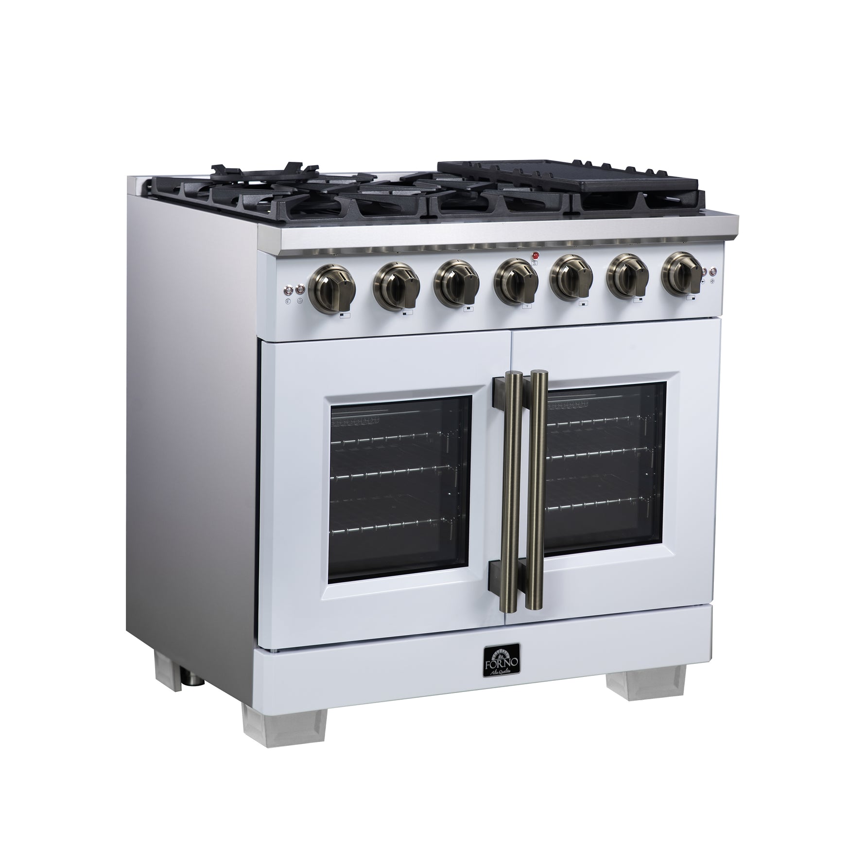 Forno Capriasca 36-Inch White Freestanding French Door Gas Range, 6 Burners, Convection Oven, Energy Efficient - BonPrix Électroménagers