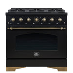 Forno Antico 36-Inch Freestanding Gas Range, Black, Antique Brass Design, 6 Burners, Convection Oven, Energy Efficient - BonPrix Électroménagers