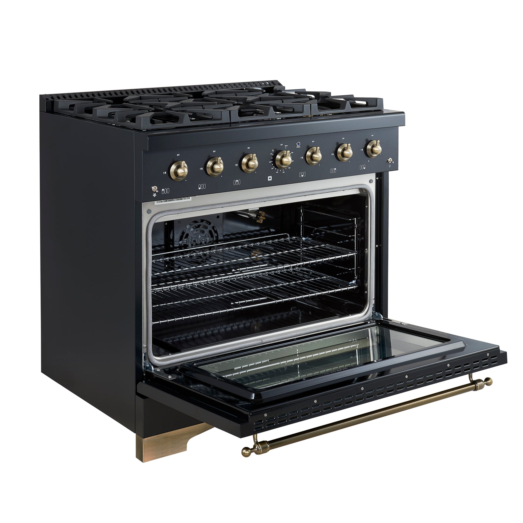 Forno Antico 36-Inch Freestanding Gas Range, Black, Antique Brass Design, 6 Burners, Convection Oven, Energy Efficient - BonPrix Électroménagers