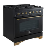 Forno Antico 36-Inch Freestanding Gas Range, Black, Antique Brass Design, 6 Burners, Convection Oven, Energy Efficient - BonPrix Électroménagers