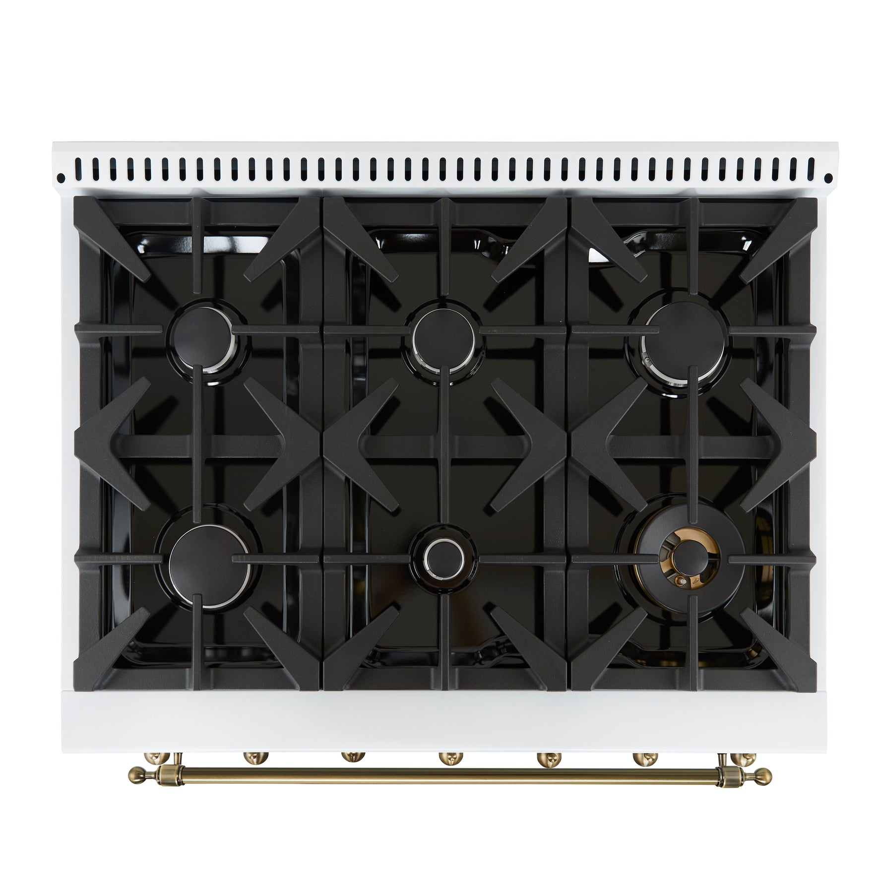 Forno Antico 36-Inch Freestanding Gas Range, White, Antique Brass Design, 6 Burners, Convection Oven, Energy Efficient - BonPrix Électroménagers