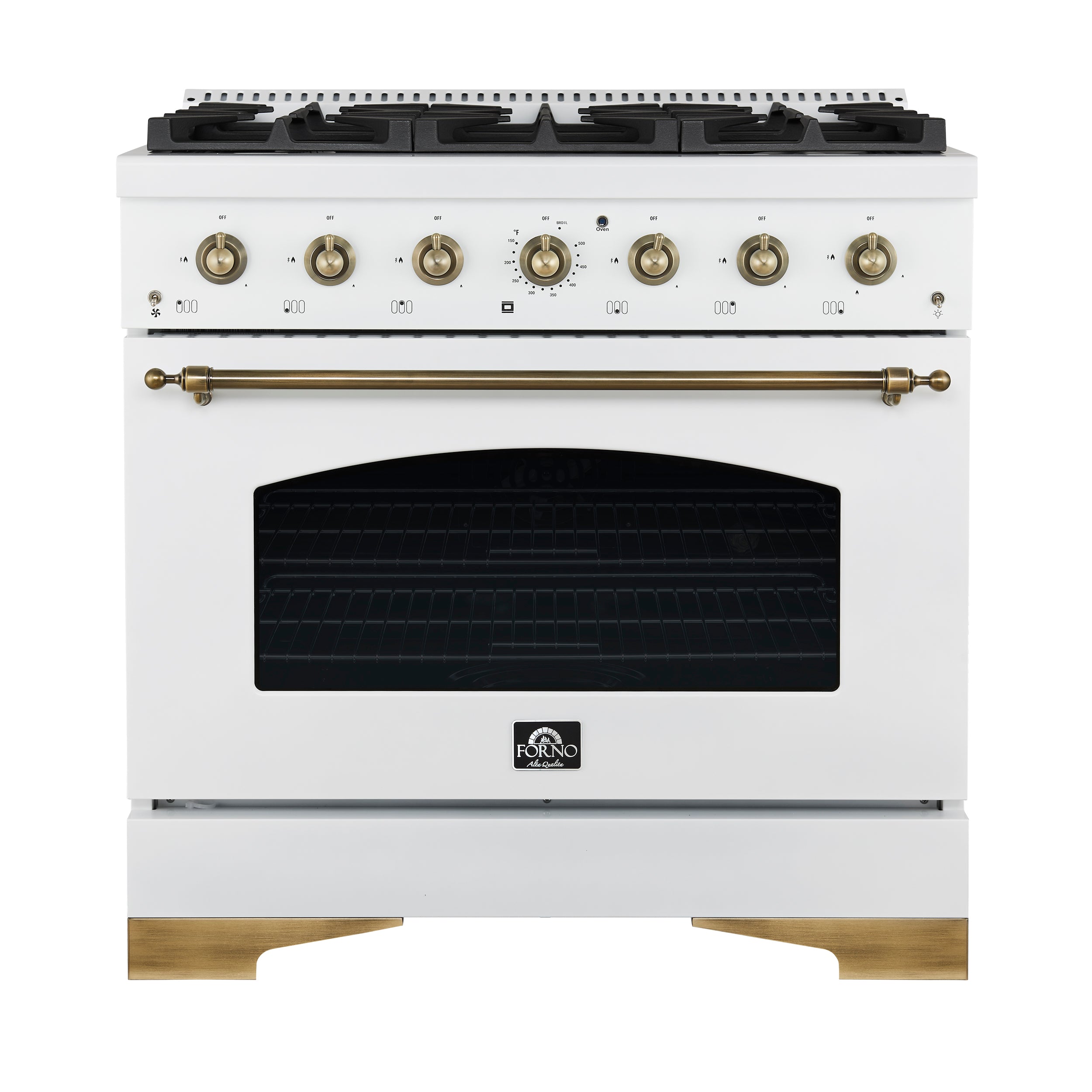 Forno Antico 36-Inch Freestanding Gas Range, White, Antique Brass Design, 6 Burners, Convection Oven, Energy Efficient - BonPrix Électroménagers