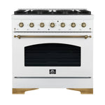 Forno Antico 36-Inch Freestanding Gas Range, White, Antique Brass Design, 6 Burners, Convection Oven, Energy Efficient - BonPrix Électroménagers