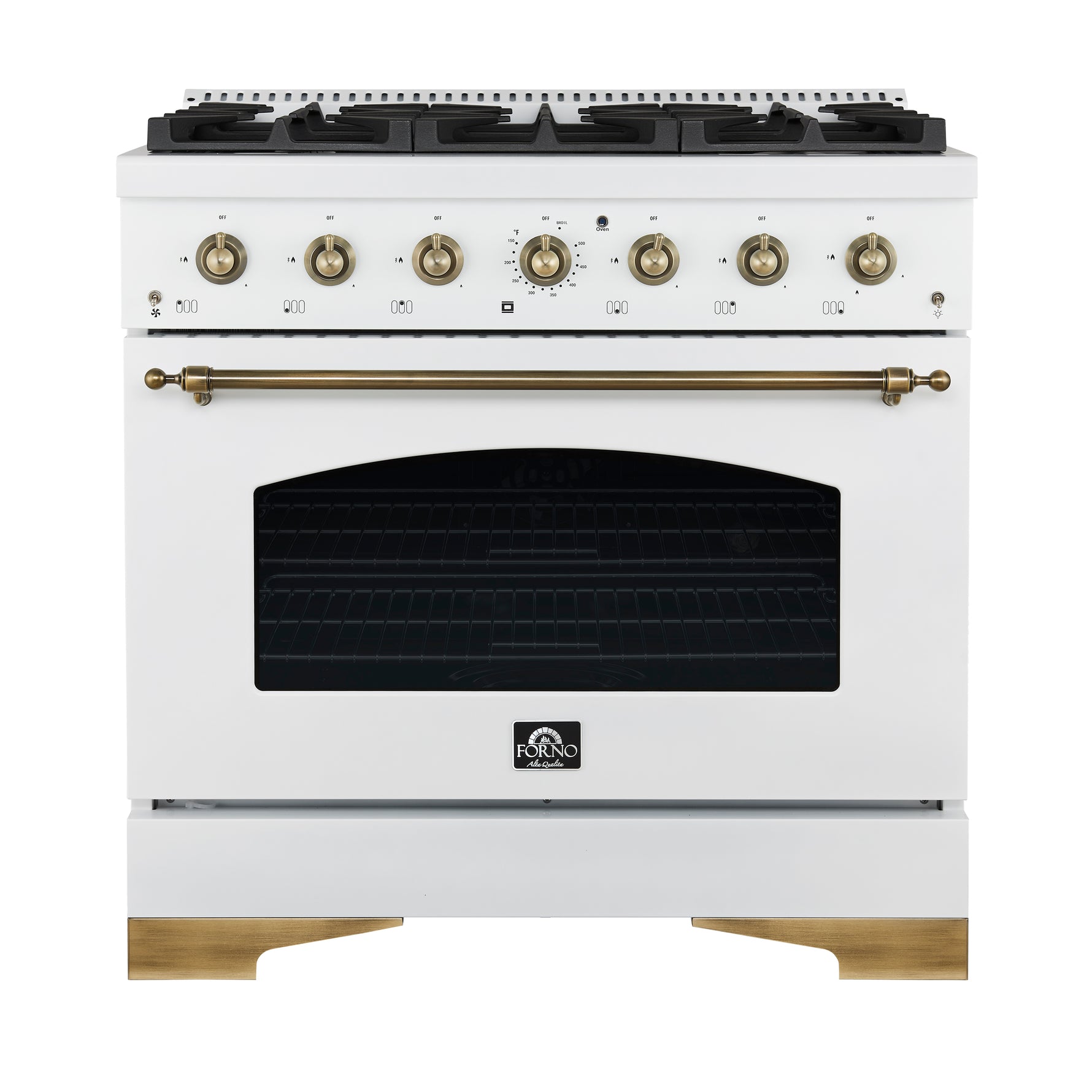Forno Antico 36-Inch Freestanding Gas Range, White, Antique Brass Design, 6 Burners, Convection Oven, Energy Efficient - BonPrix Électroménagers