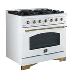 Forno Antico 36-Inch Freestanding Gas Range, White, Antique Brass Design, 6 Burners, Convection Oven, Energy Efficient - BonPrix Électroménagers
