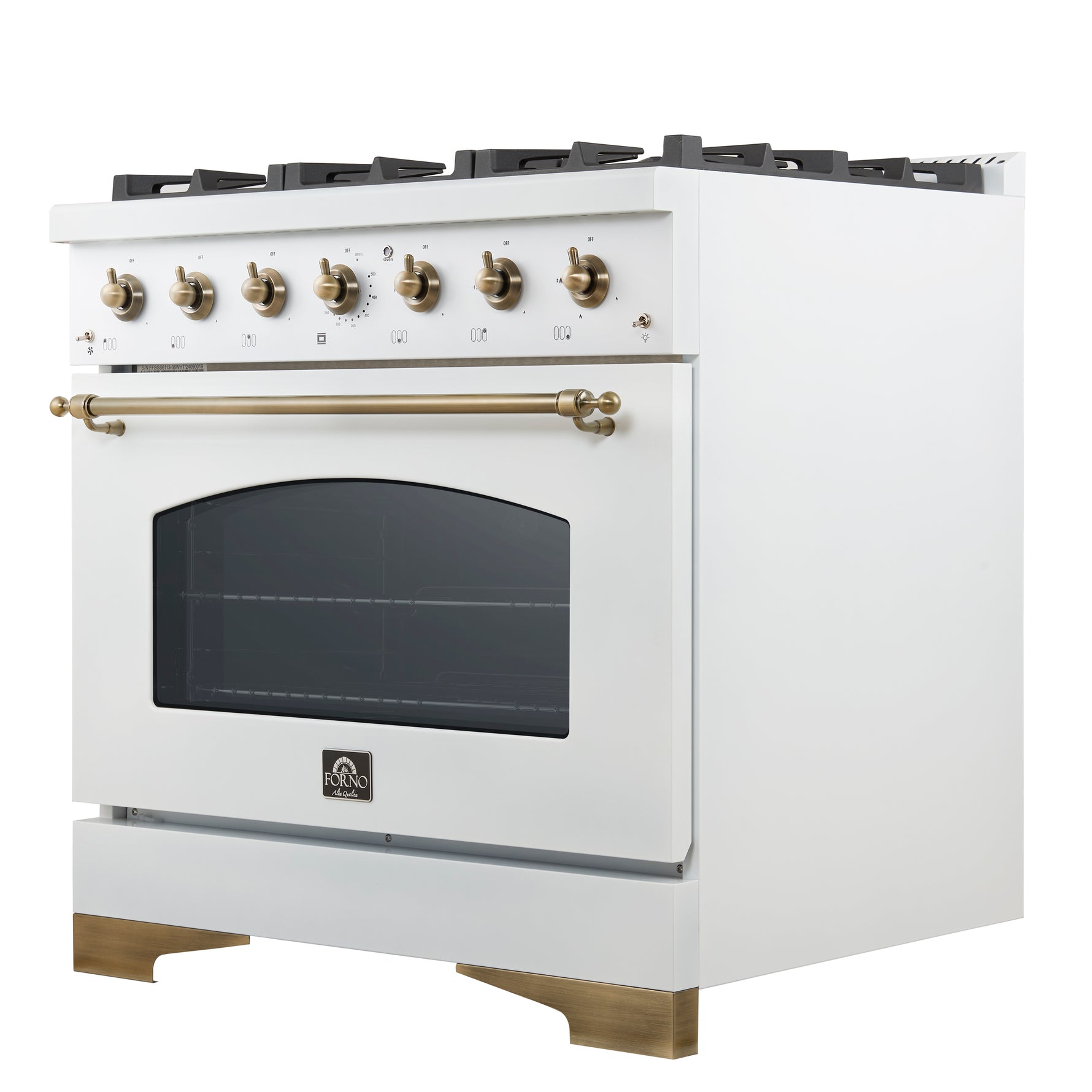 Forno Antico 36-Inch Freestanding Gas Range, White, Antique Brass Design, 6 Burners, Convection Oven, Energy Efficient - BonPrix Électroménagers