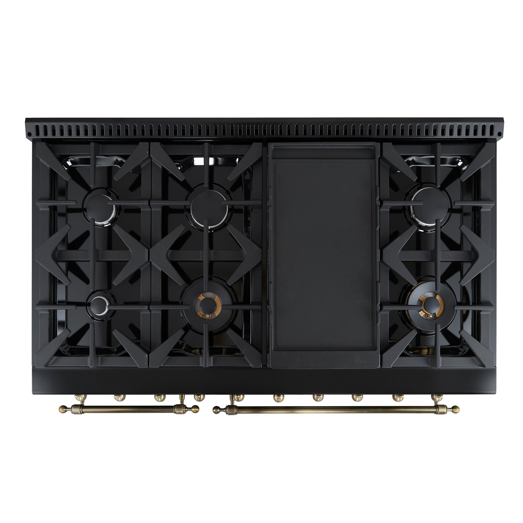 Forno Antico 48-Inch Freestanding Gas Range, Black, Antique Brass Design, 8 Burners, Griddle, Double Ovens, Energy Efficient - BonPrix Électroménagers
