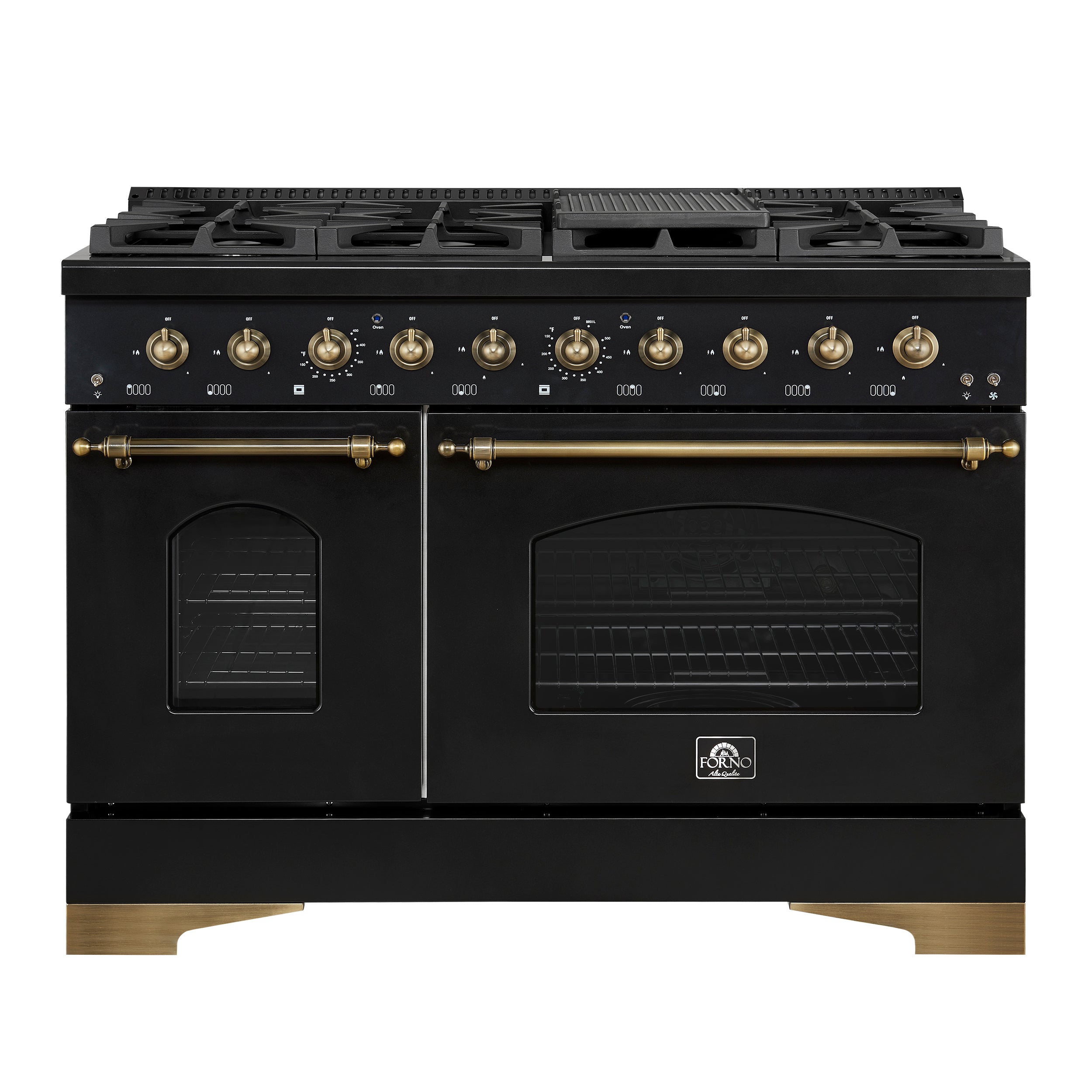 Forno Antico 48-Inch Freestanding Gas Range, Black, Antique Brass Design, 8 Burners, Griddle, Double Ovens, Energy Efficient - BonPrix Électroménagers