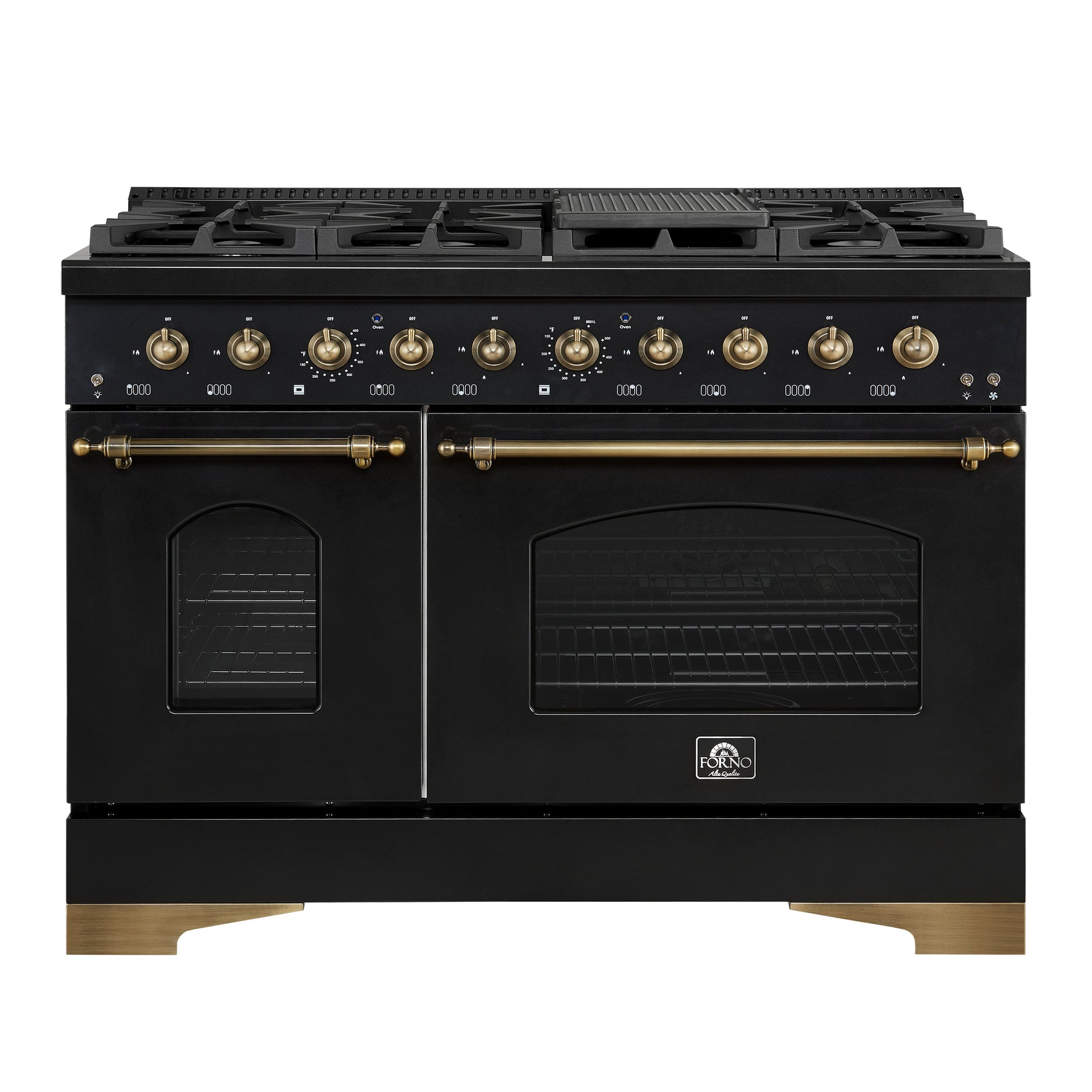 Forno Antico 48-Inch Freestanding Gas Range, Black, Antique Brass Design, 8 Burners, Griddle, Double Ovens, Energy Efficient - BonPrix Électroménagers