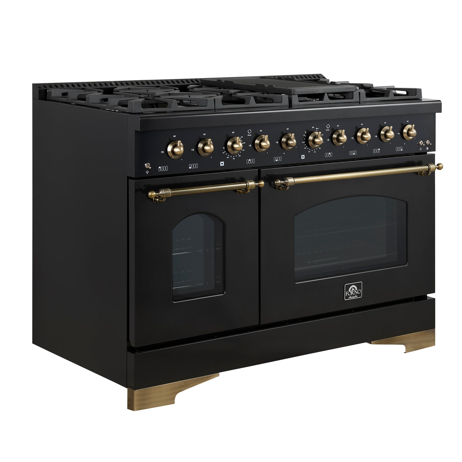 Forno Antico 48-Inch Freestanding Gas Range, Black, Antique Brass Design, 8 Burners, Griddle, Double Ovens, Energy Efficient - BonPrix Électroménagers