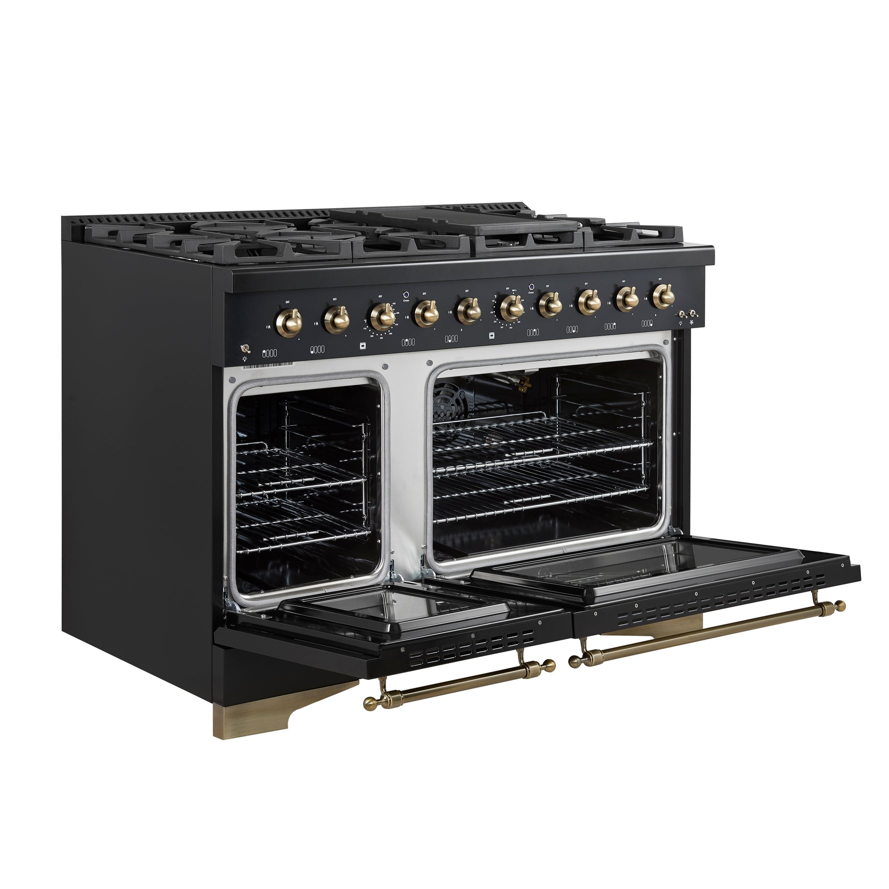 Forno Antico 48-Inch Freestanding Gas Range, Black, Antique Brass Design, 8 Burners, Griddle, Double Ovens, Energy Efficient - BonPrix Électroménagers