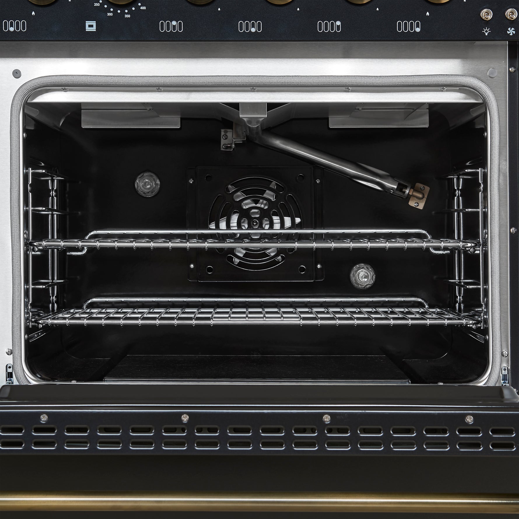 Forno Antico 48-Inch Freestanding Gas Range, Black, Antique Brass Design, 8 Burners, Griddle, Double Ovens, Energy Efficient - BonPrix Électroménagers