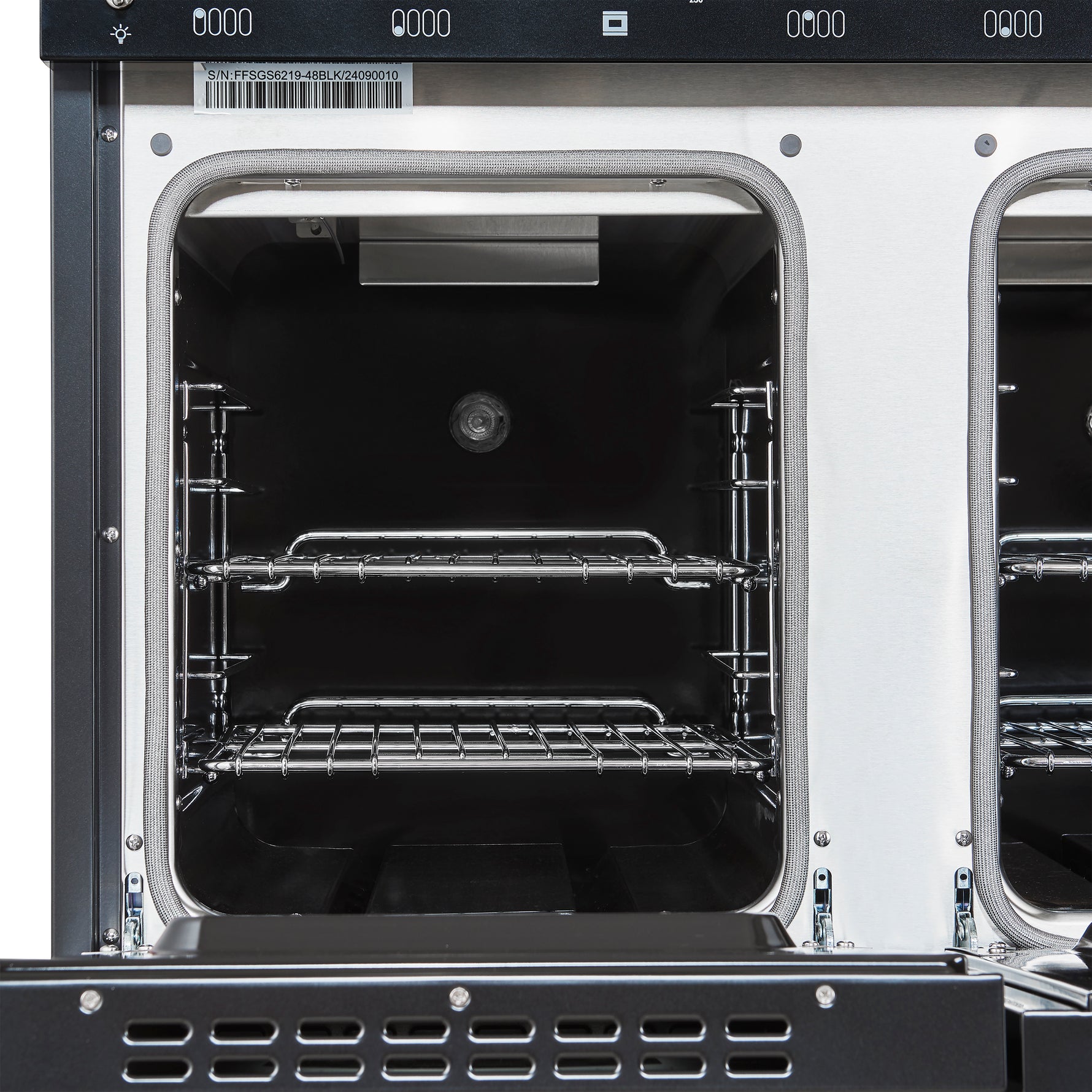 Forno Antico 48-Inch Freestanding Gas Range, Black, Antique Brass Design, 8 Burners, Griddle, Double Ovens, Energy Efficient - BonPrix Électroménagers
