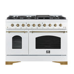 Forno Antico 48-Inch Freestanding Gas Range, White, Antique Brass Design, 8 Burners, Griddle, Double Ovens, Energy Efficient - BonPrix Électroménagers