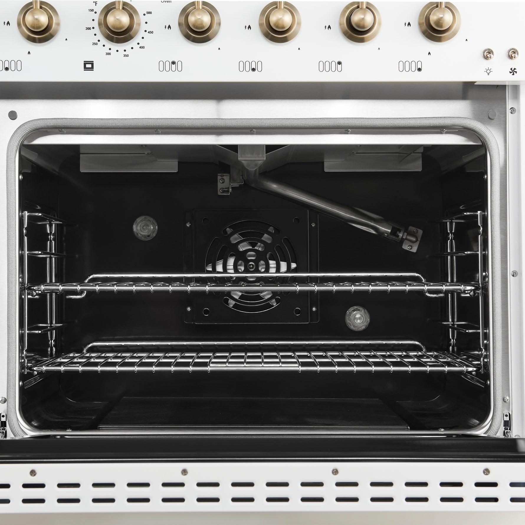 Forno Antico 48-Inch Freestanding Gas Range, White, Antique Brass Design, 8 Burners, Griddle, Double Ovens, Energy Efficient - BonPrix Électroménagers