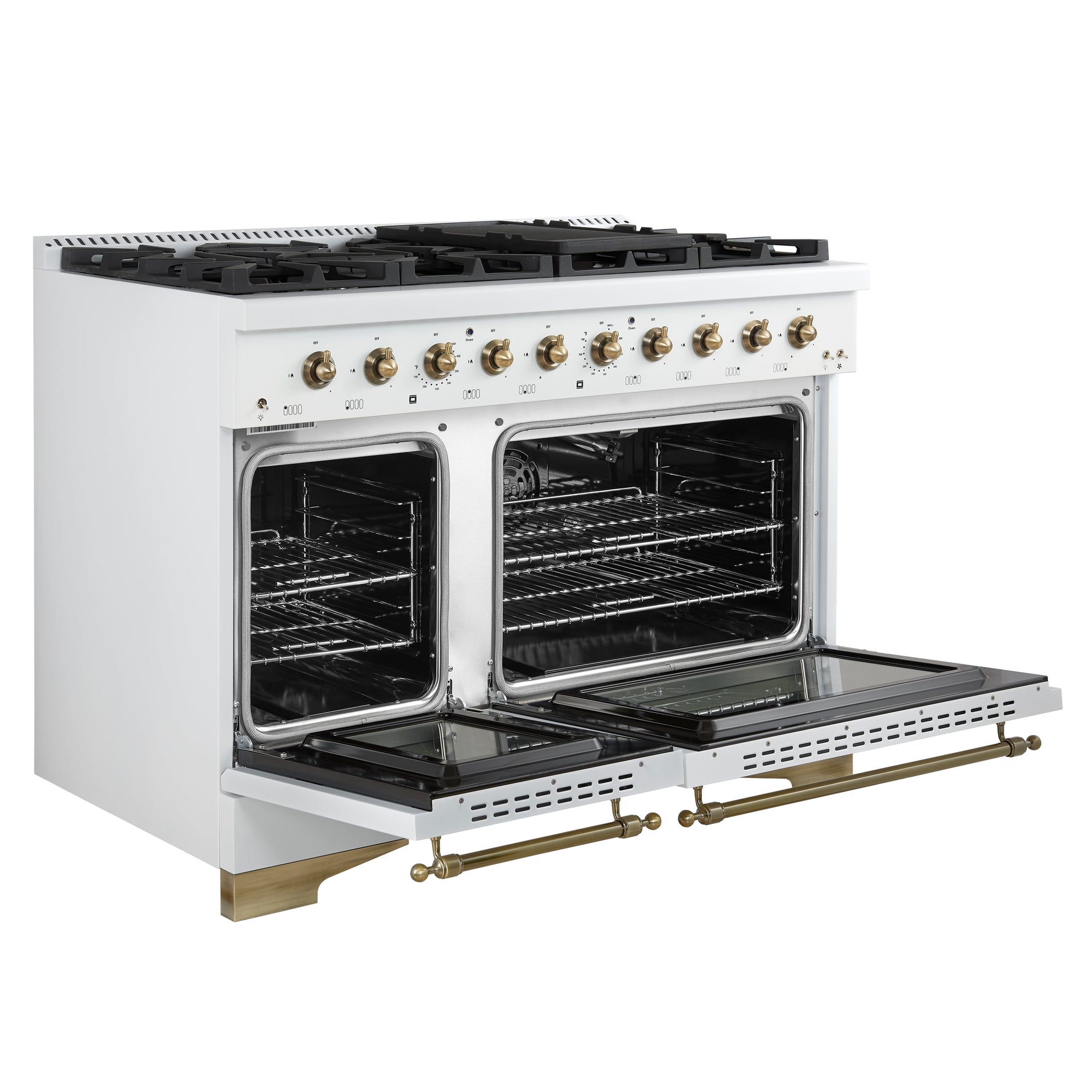 Forno Antico 48-Inch Freestanding Gas Range, White, Antique Brass Design, 8 Burners, Griddle, Double Ovens, Energy Efficient - BonPrix Électroménagers