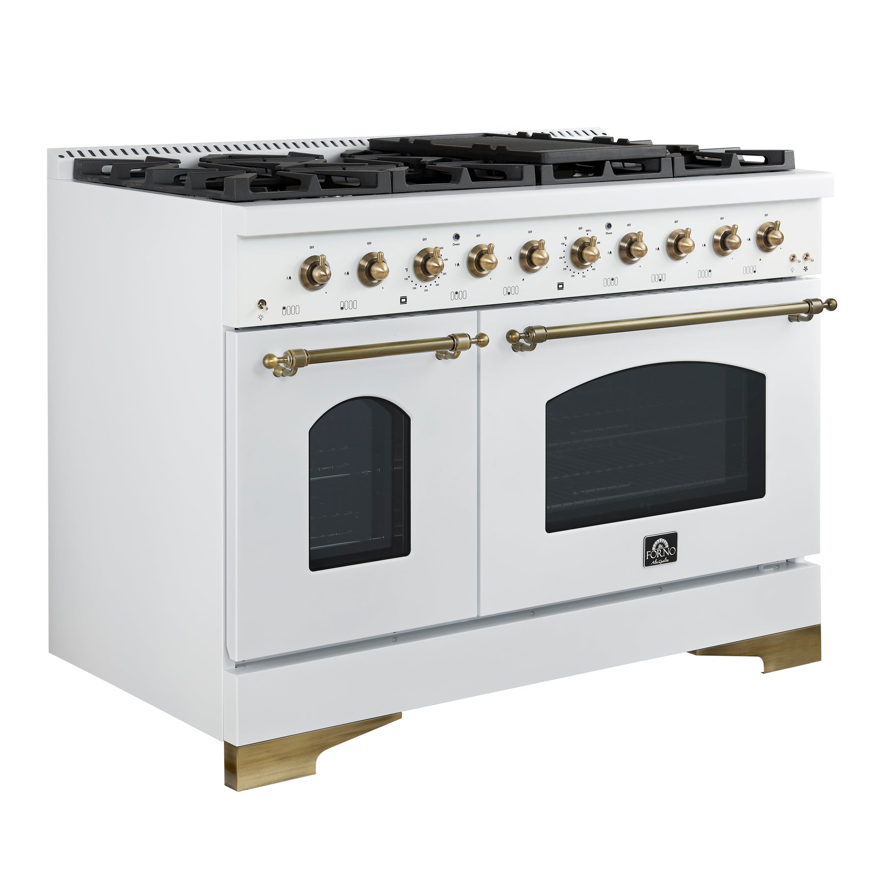 Forno Antico 48-Inch Freestanding Gas Range, White, Antique Brass Design, 8 Burners, Griddle, Double Ovens, Energy Efficient - BonPrix Électroménagers