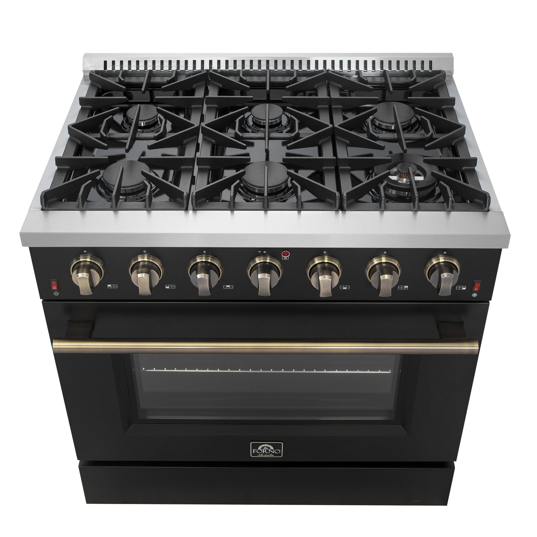 Forno Galiano 36-inch Freestanding Gas Range in Black with Antique Brass Design, 6 Burners, 83,000 BTU, 5.36 cu.ft. Convection Oven - BonPrix Électroménagers