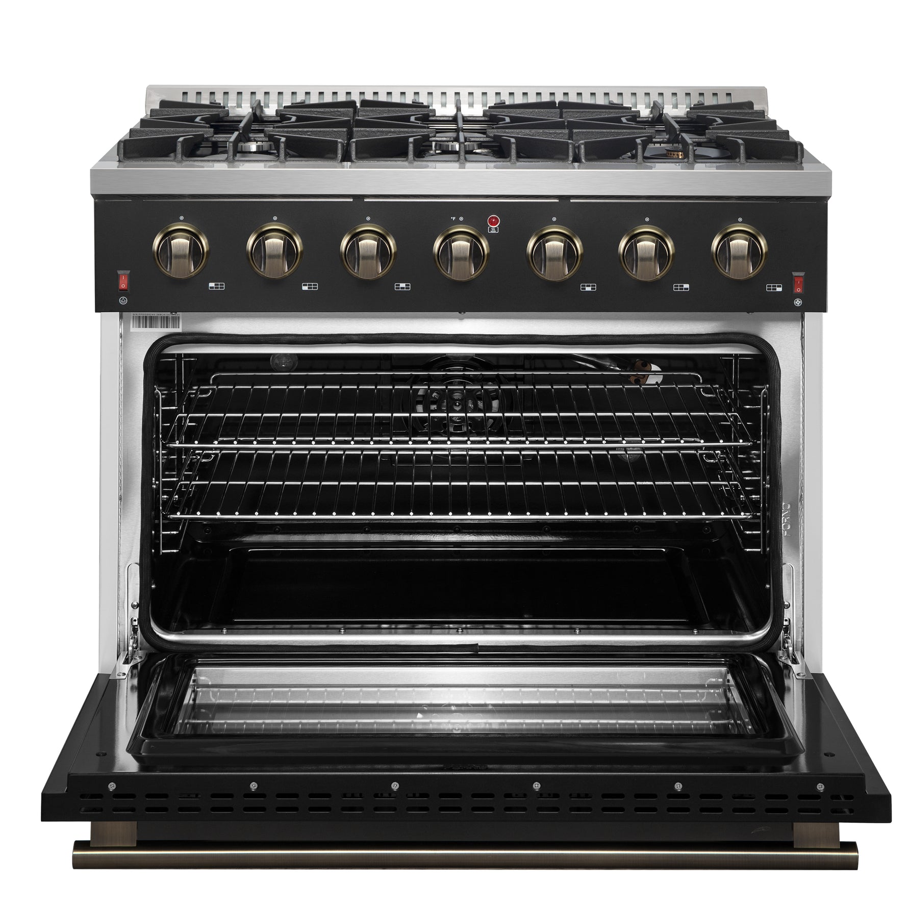 Forno Galiano 36-inch Freestanding Gas Range in Black with Antique Brass Design, 6 Burners, 83,000 BTU, 5.36 cu.ft. Convection Oven - BonPrix Électroménagers