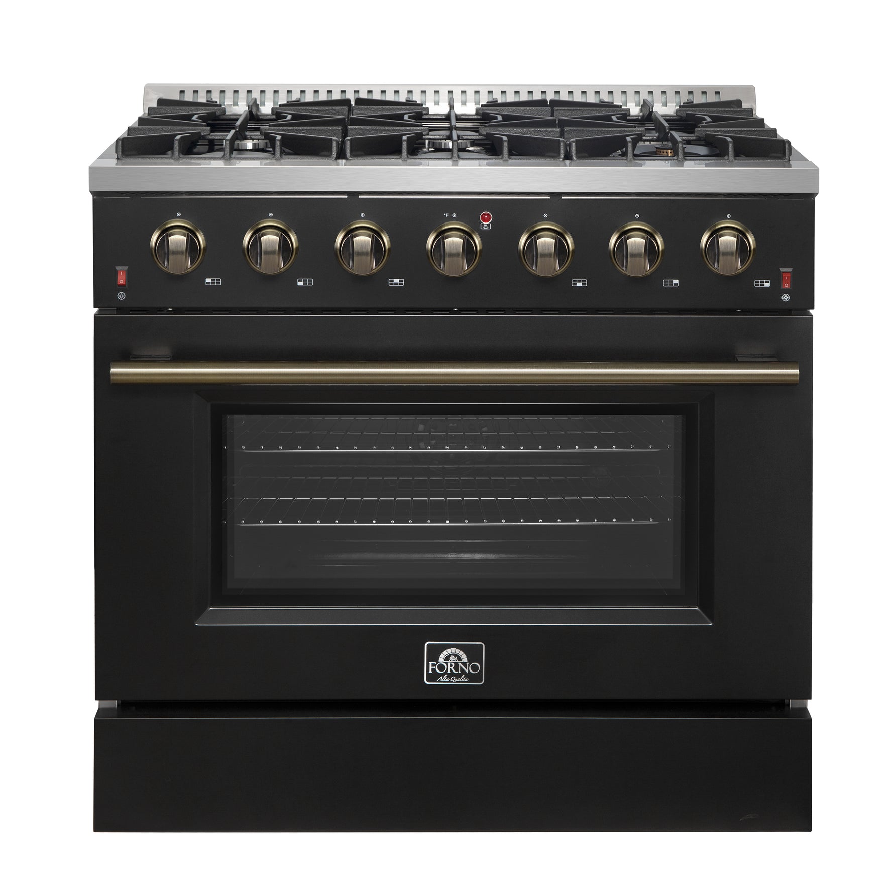 Forno Galiano 36-inch Freestanding Gas Range in Black with Antique Brass Design, 6 Burners, 83,000 BTU, 5.36 cu.ft. Convection Oven - BonPrix Électroménagers