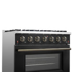 Forno Galiano 36-inch Freestanding Gas Range in Black with Antique Brass Design, 6 Burners, 83,000 BTU, 5.36 cu.ft. Convection Oven - BonPrix Électroménagers
