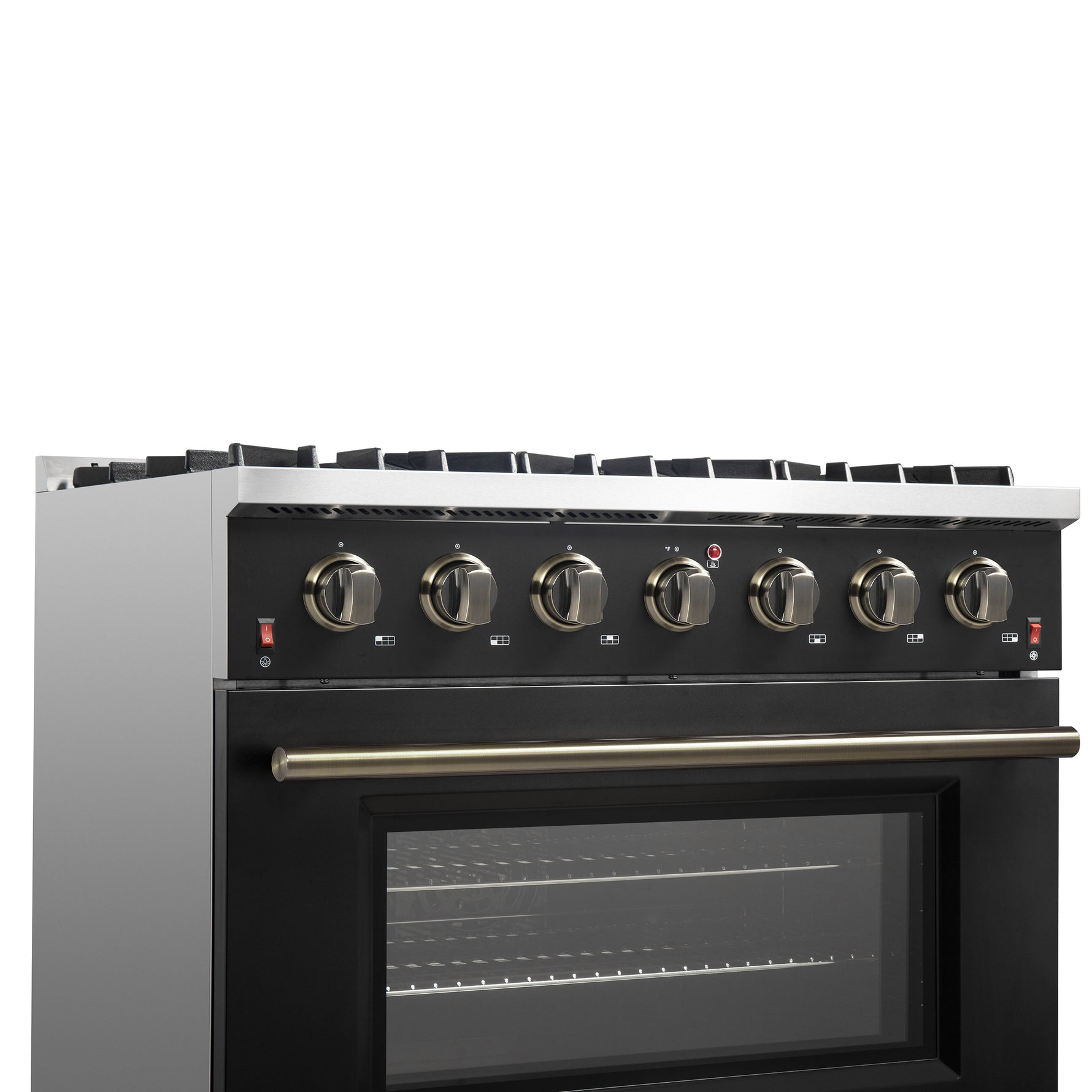 Forno Galiano 36-inch Freestanding Gas Range in Black with Antique Brass Design, 6 Burners, 83,000 BTU, 5.36 cu.ft. Convection Oven - BonPrix Électroménagers