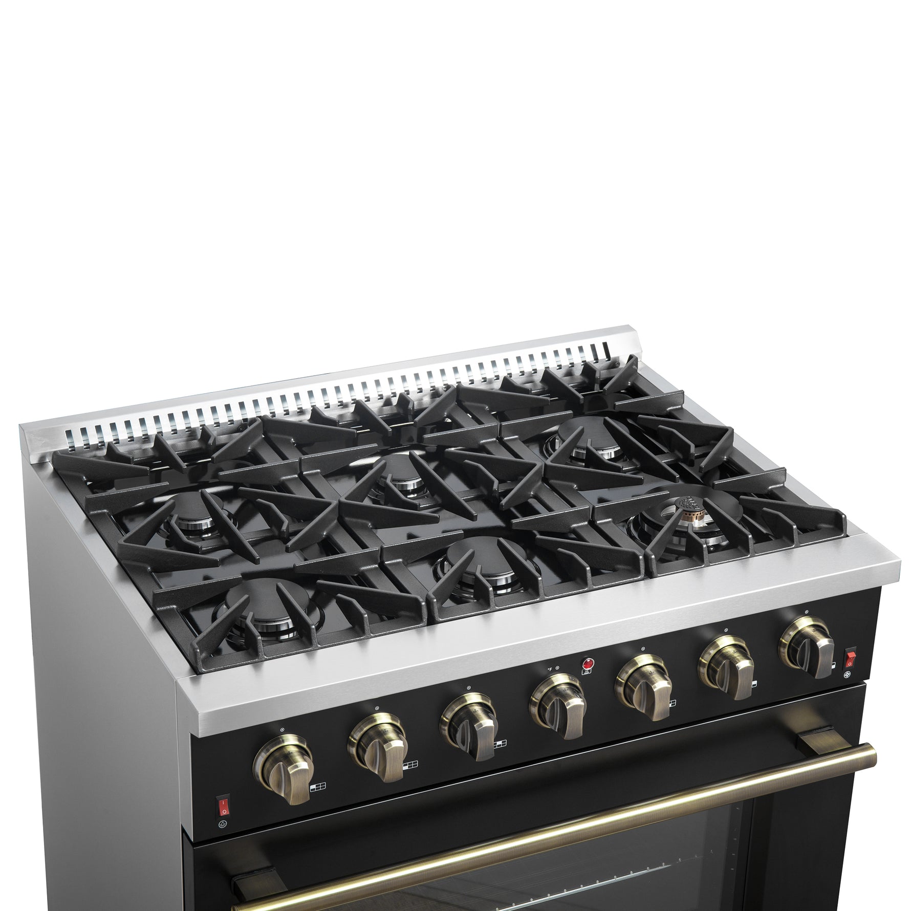 Forno Galiano 36-inch Freestanding Gas Range in Black with Antique Brass Design, 6 Burners, 83,000 BTU, 5.36 cu.ft. Convection Oven - BonPrix Électroménagers