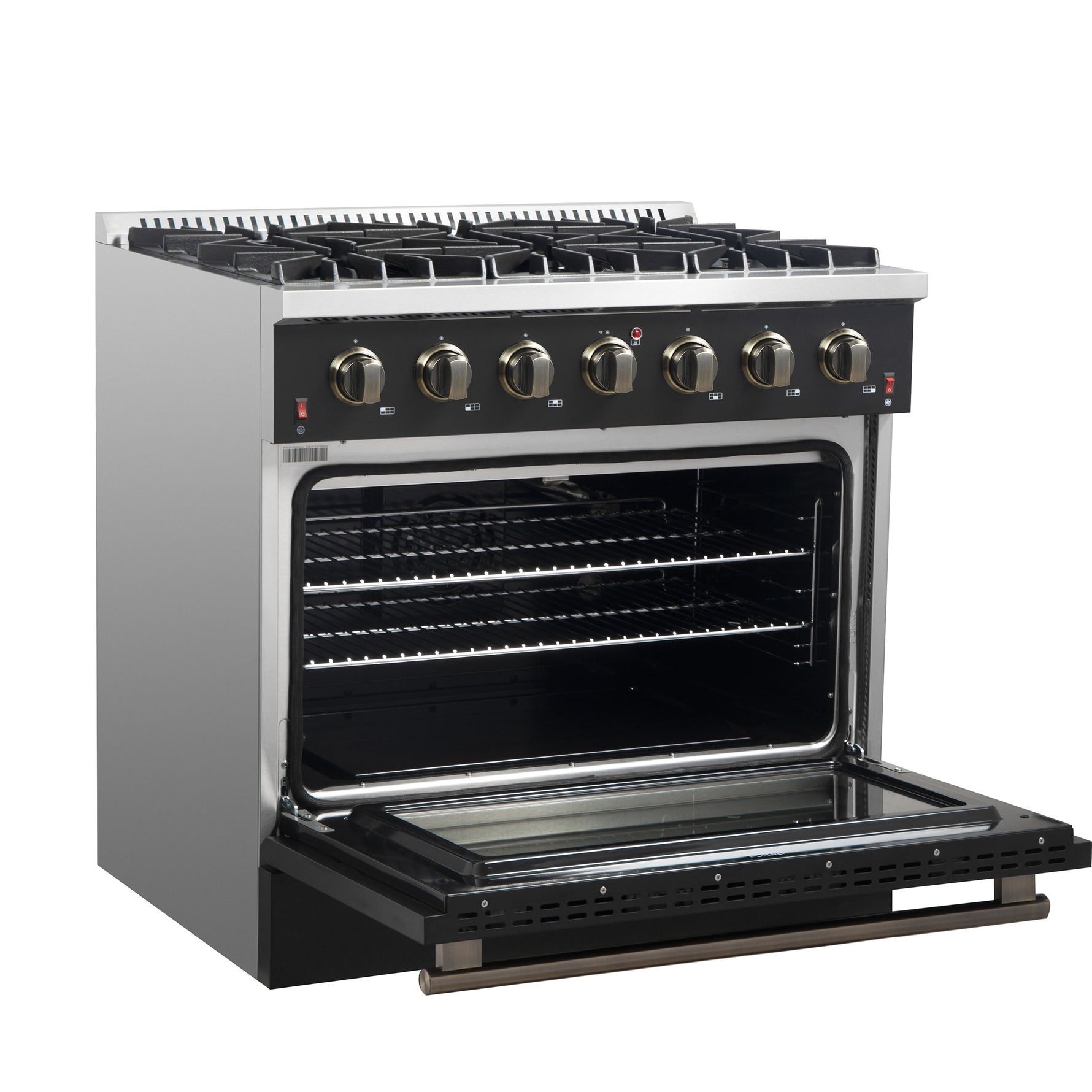 Forno Galiano 36-inch Freestanding Gas Range in Black with Antique Brass Design, 6 Burners, 83,000 BTU, 5.36 cu.ft. Convection Oven - BonPrix Électroménagers