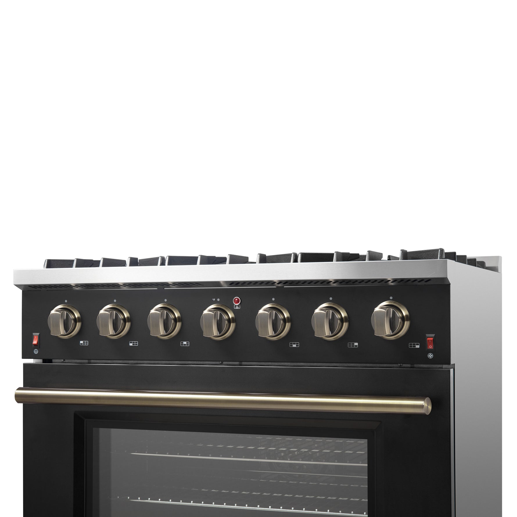 Forno Galiano 36-inch Freestanding Gas Range in Black with Antique Brass Design, 6 Burners, 83,000 BTU, 5.36 cu.ft. Convection Oven - BonPrix Électroménagers