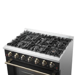 Forno Galiano 36-inch Freestanding Gas Range in Black with Antique Brass Design, 6 Burners, 83,000 BTU, 5.36 cu.ft. Convection Oven - BonPrix Électroménagers