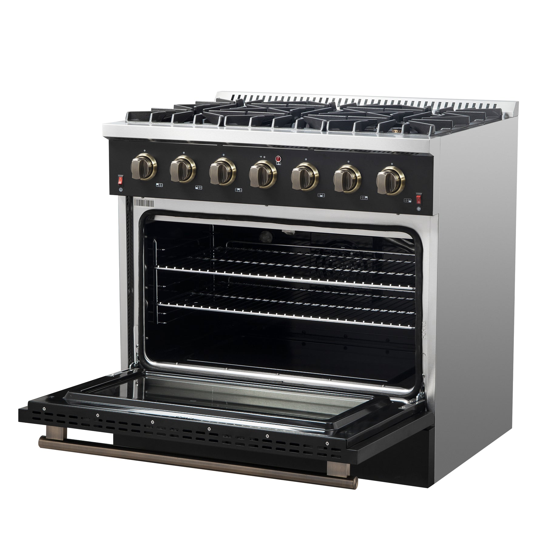 Forno Galiano 36-inch Freestanding Gas Range in Black with Antique Brass Design, 6 Burners, 83,000 BTU, 5.36 cu.ft. Convection Oven - BonPrix Électroménagers
