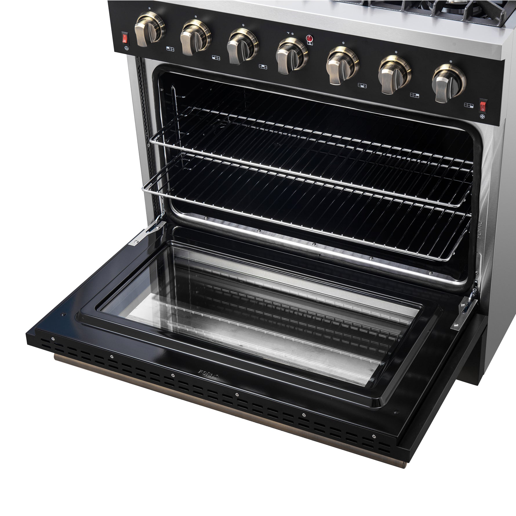 Forno Galiano 36-inch Freestanding Gas Range in Black with Antique Brass Design, 6 Burners, 83,000 BTU, 5.36 cu.ft. Convection Oven - BonPrix Électroménagers