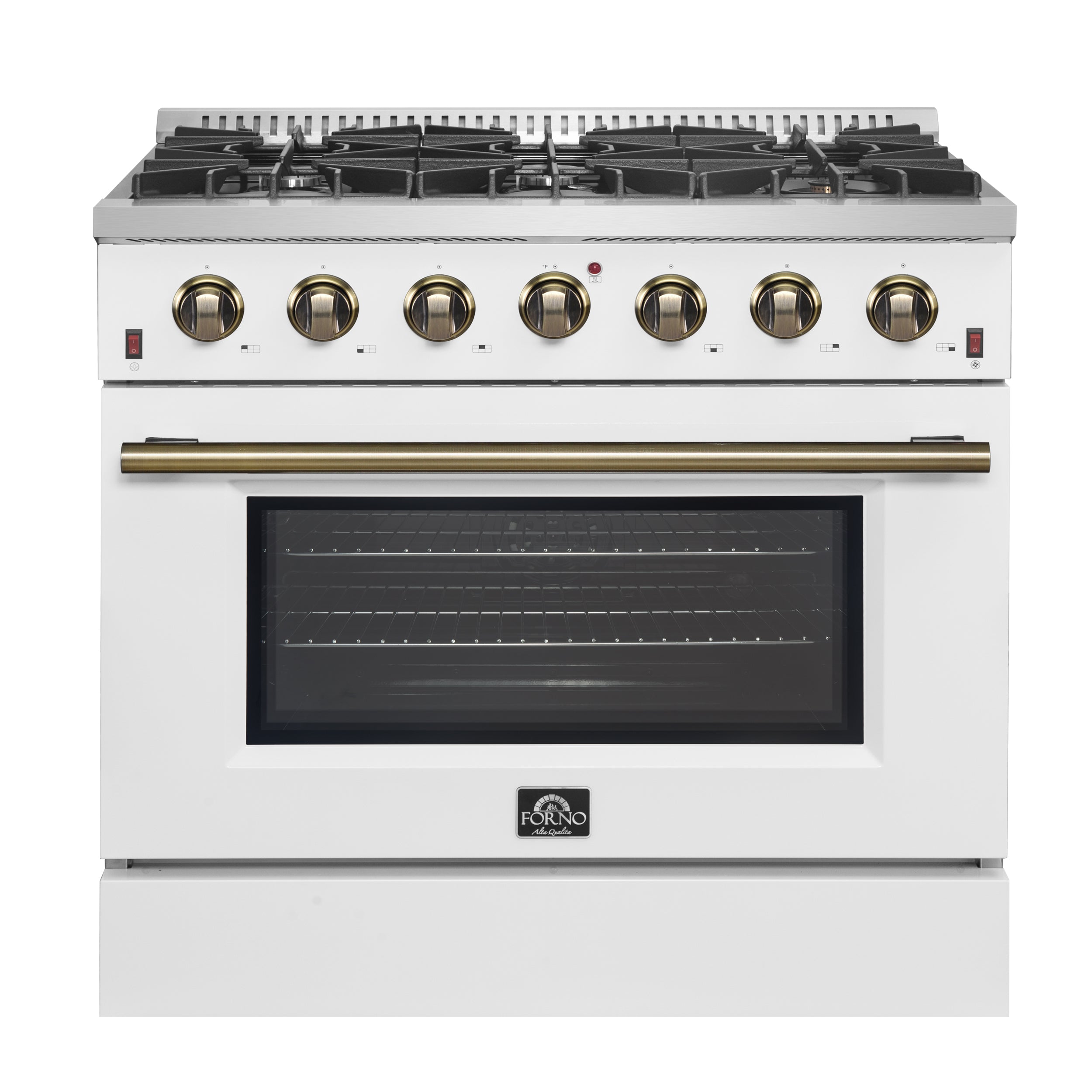 Forno Galiano 36-inch Freestanding Gas Range in White with Antique Brass Design, 6 Burners, 83,000 BTU, 5.36 cu.ft. Convection Oven - BonPrix Électroménagers