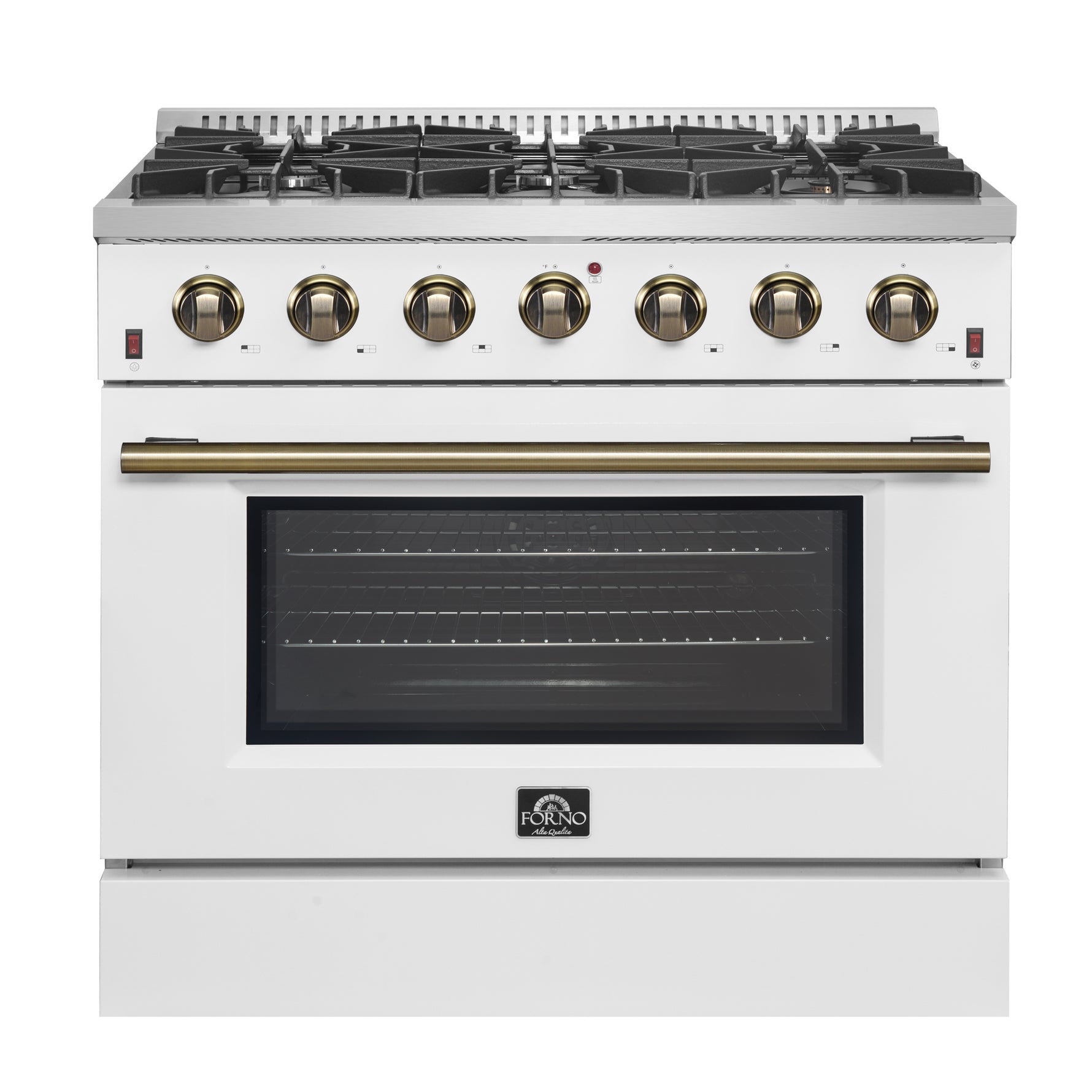 Forno Galiano 36-inch Freestanding Gas Range in White with Antique Brass Design, 6 Burners, 83,000 BTU, 5.36 cu.ft. Convection Oven - BonPrix Électroménagers