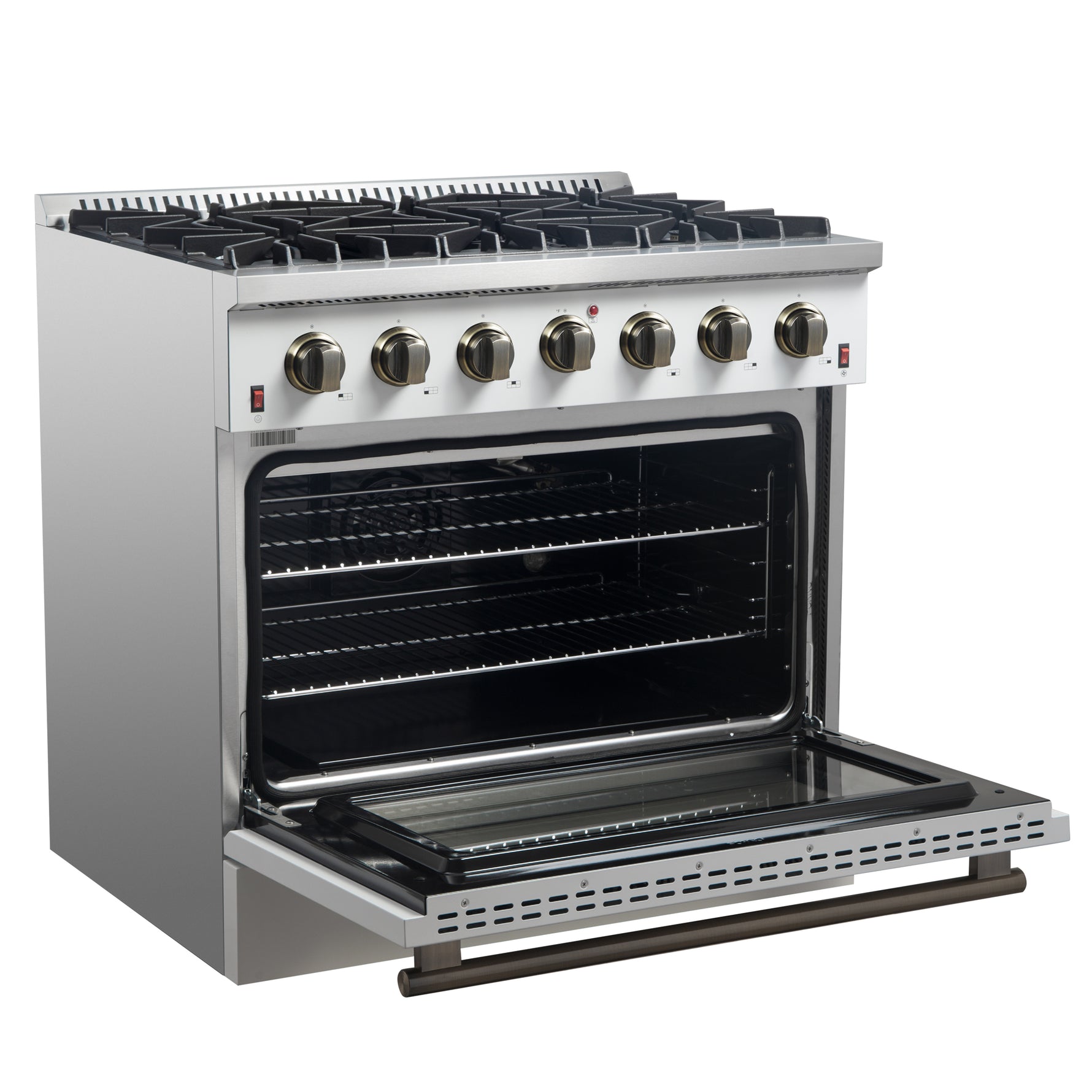 Forno Galiano 36-inch Freestanding Gas Range in White with Antique Brass Design, 6 Burners, 83,000 BTU, 5.36 cu.ft. Convection Oven - BonPrix Électroménagers
