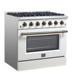 Forno Galiano 36-inch Freestanding Gas Range in White with Antique Brass Design, 6 Burners, 83,000 BTU, 5.36 cu.ft. Convection Oven - BonPrix Électroménagers