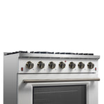 Forno Galiano 36-inch Freestanding Gas Range in White with Antique Brass Design, 6 Burners, 83,000 BTU, 5.36 cu.ft. Convection Oven - BonPrix Électroménagers