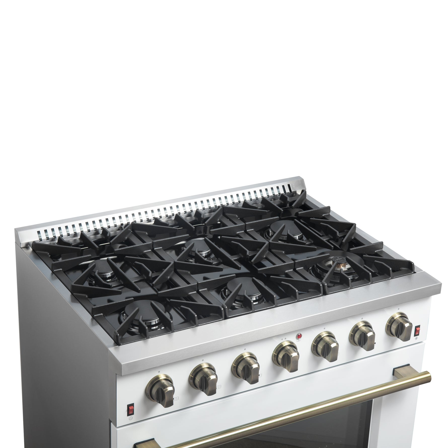 Forno Galiano 36-inch Freestanding Gas Range in White with Antique Brass Design, 6 Burners, 83,000 BTU, 5.36 cu.ft. Convection Oven - BonPrix Électroménagers