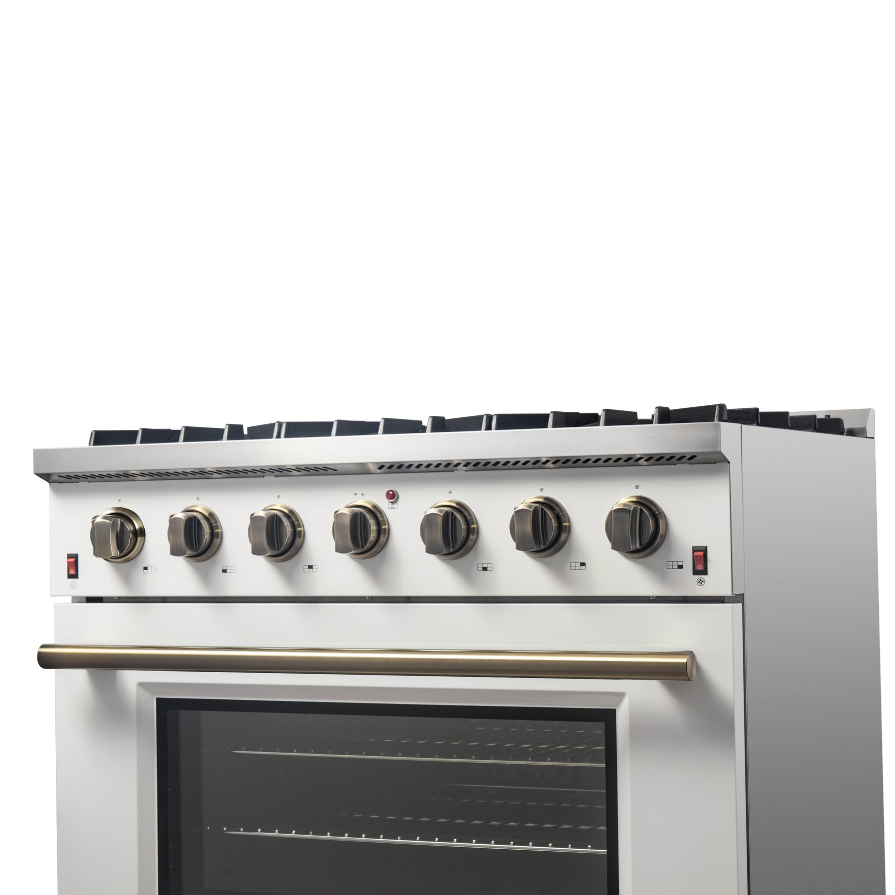 Forno Galiano 36-inch Freestanding Gas Range in White with Antique Brass Design, 6 Burners, 83,000 BTU, 5.36 cu.ft. Convection Oven - BonPrix Électroménagers