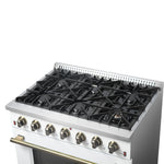 Forno Galiano 36-inch Freestanding Gas Range in White with Antique Brass Design, 6 Burners, 83,000 BTU, 5.36 cu.ft. Convection Oven - BonPrix Électroménagers
